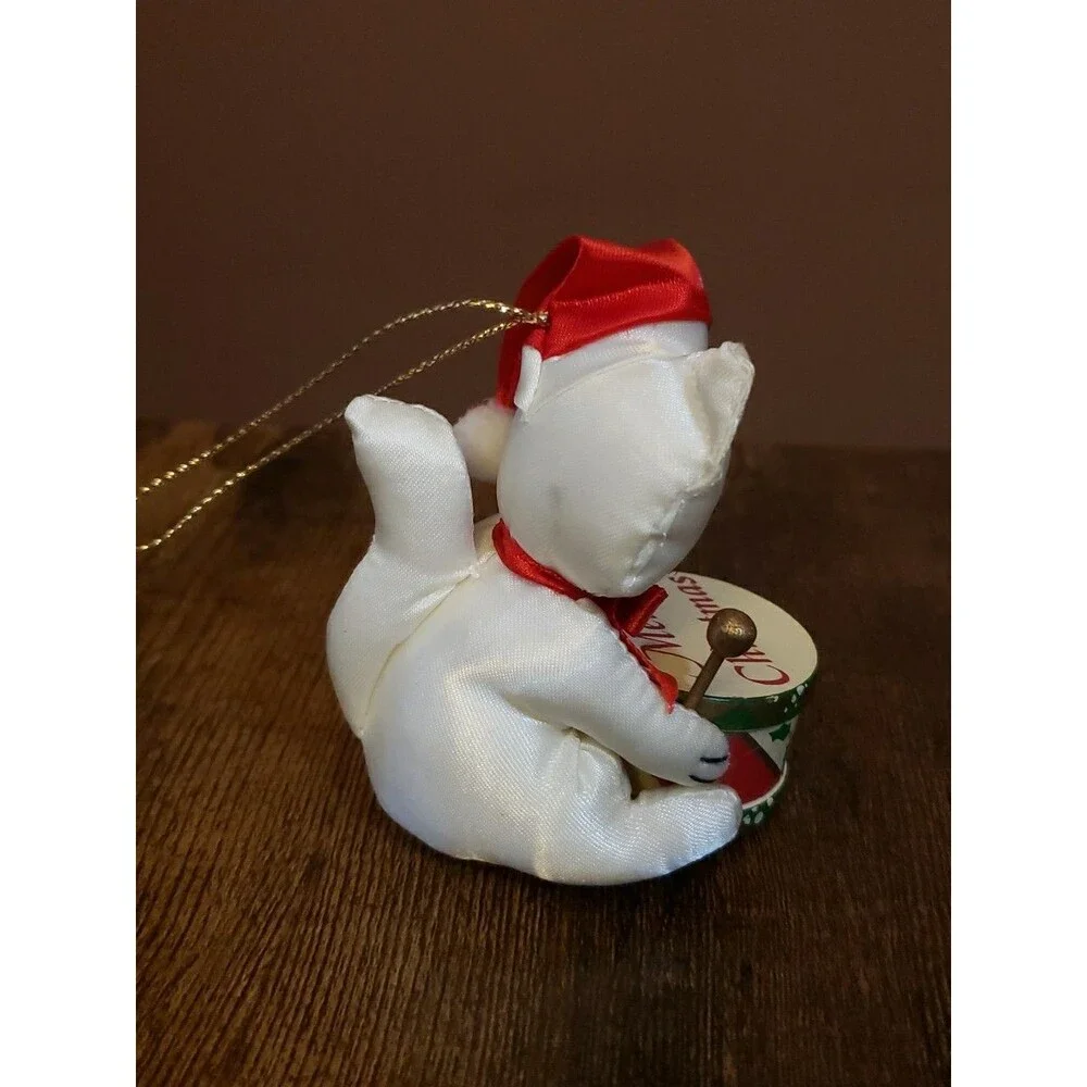Fancy Feast 1991 Cat Christmas Ornament Cat Drummer White Satin Wood Drum Russ